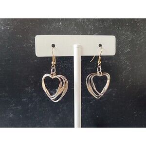 Vintage Gold And Silver Tone Metal Heart Shaped Dangling Pierced Earrings